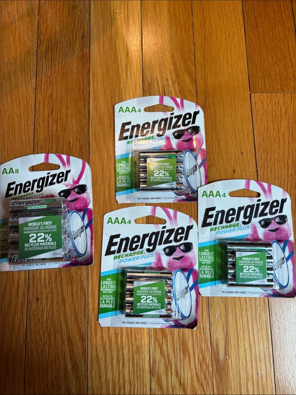 Rechargeable Power Plus Batteries- 
three 4 packs of AAA and 
one 8 pack of AA